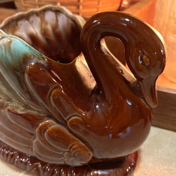 Brown and Blue Decorative Ceramic Swan Figurine Planter - Picture 5 of 12